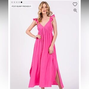 Pink blush pink ruffle strap midi dress for maternity or not